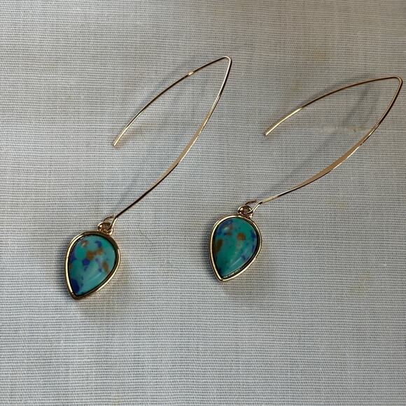 Gold Wire Slide Through Earrings Faux Turquoise Stone - Picture 4 of 4